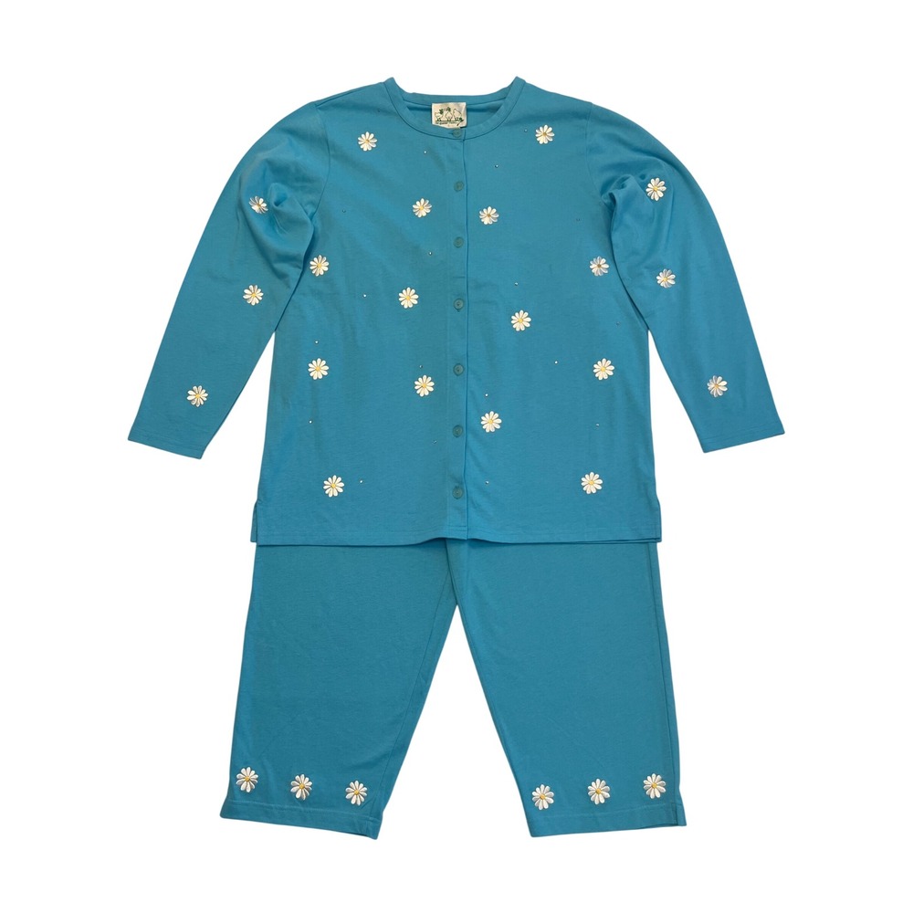 Quacker Factory Aqua Blue Daisy Embroidered 100% Cotton 2pc Capri Set NWT Size L